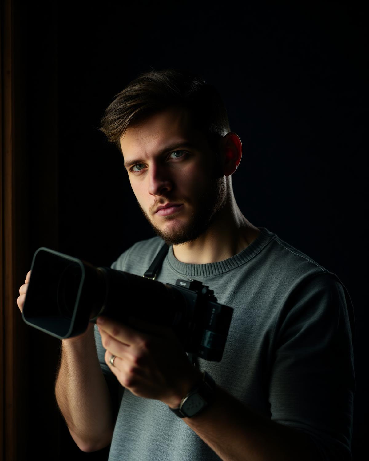 Portret van filmmaker Matthijs de Deugd met camera